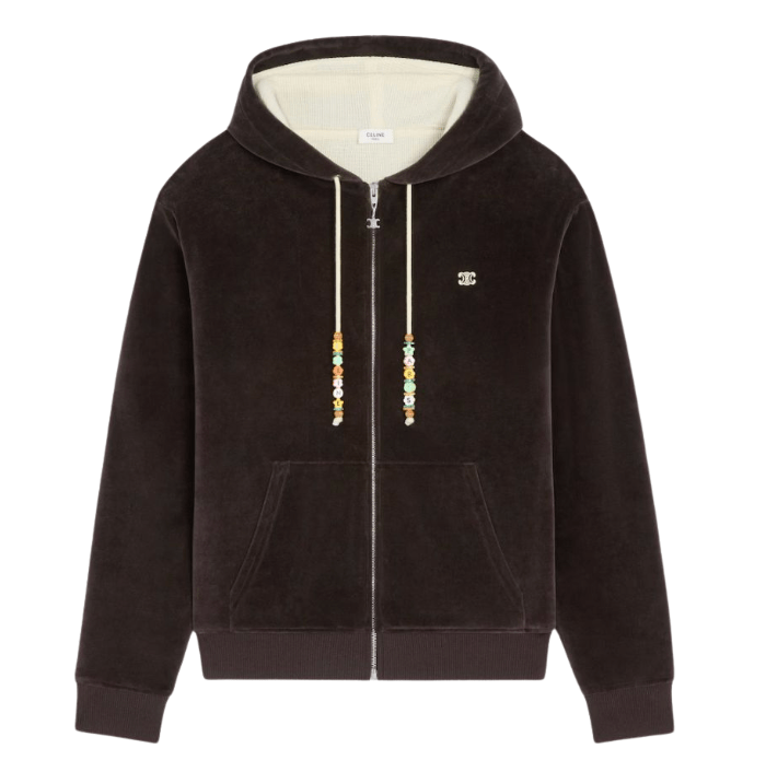 Celine Loose Zip Up Hoodie in Velvet Cotton Brown Ecru