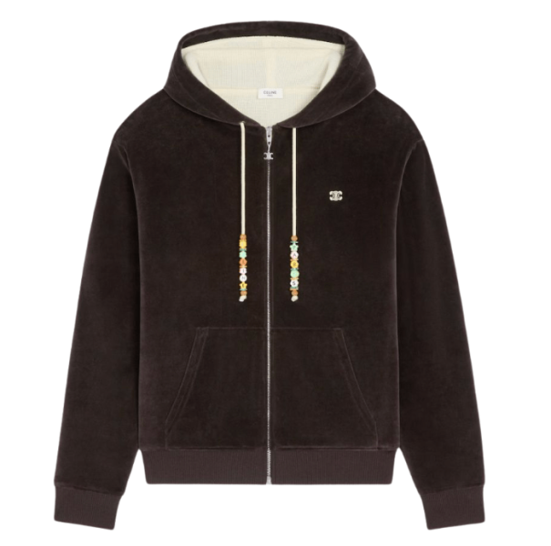 Celine Loose Zip Up Hoodie in Velvet Cotton Brown Ecru