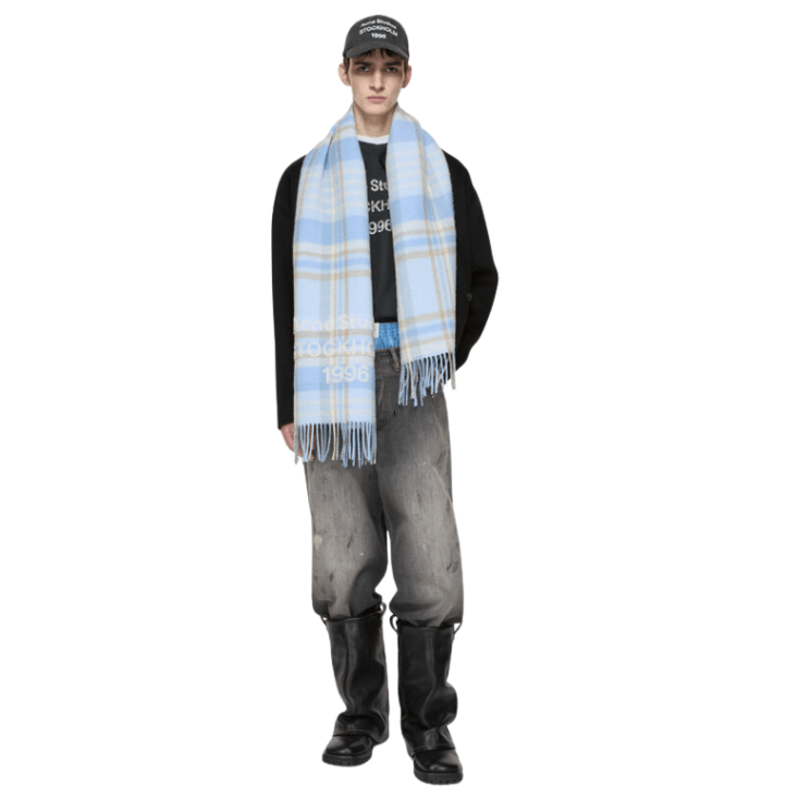 Acne Studios Check logo scarf Wide Aqua blue beige