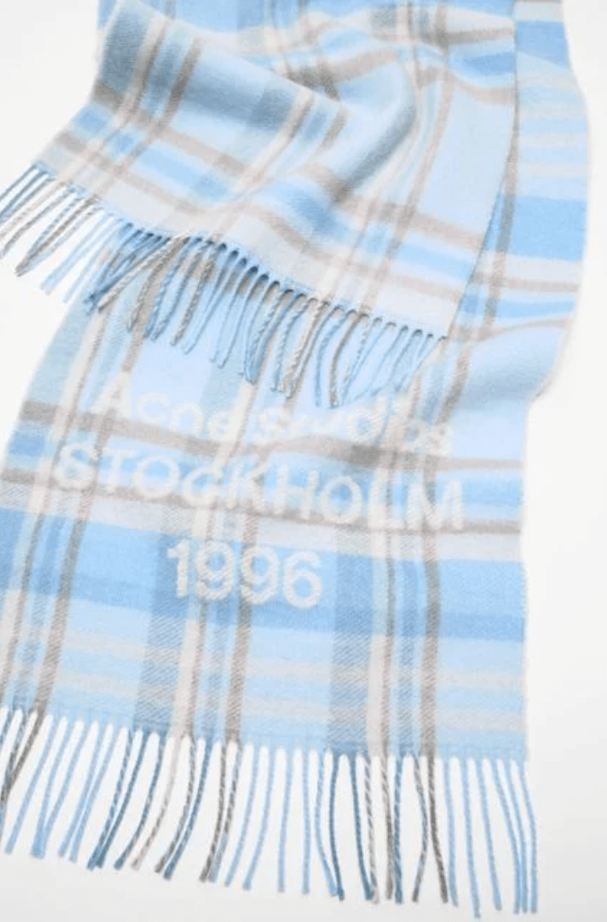 Acne Studios Check logo scarf Wide Aqua blue beige