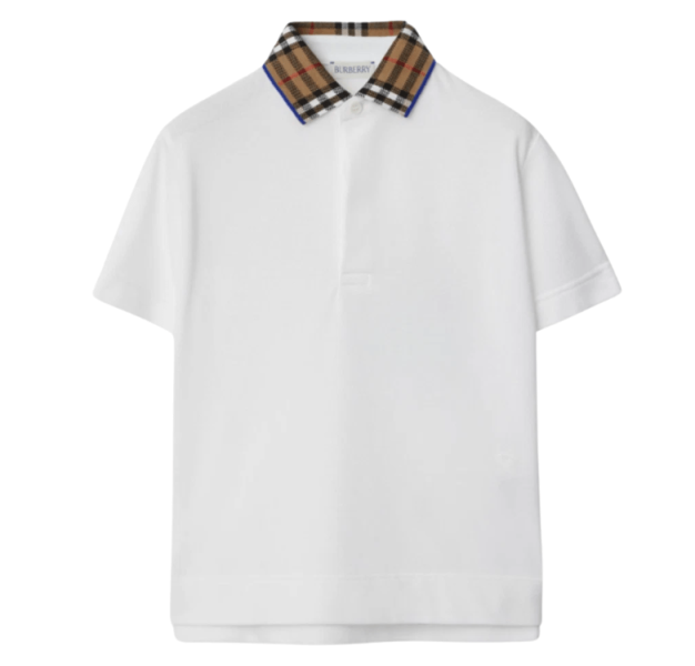 (Kids) Burberry Check Collar Cotton Polo Shirt White