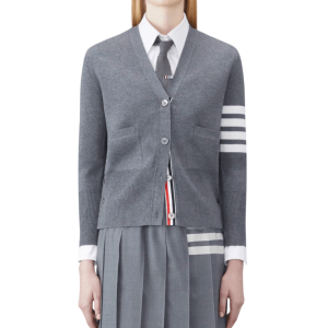 (W) Thom Browne Fine Merino Wool Milano Stitch 4-Bar Classic V-Neck Cardigan Medium Grey
