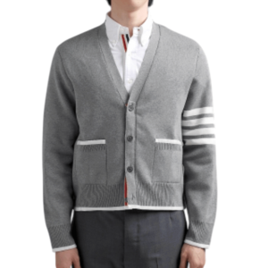 Thom Browne Milano Stitch Cotton 4-Bar Boxy V-Neck Cardigan Light Grey