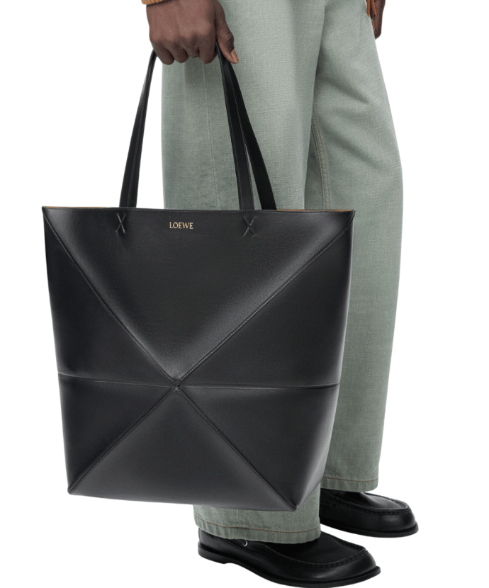 XL Puzzle Fold tote in shiny calfskin Black