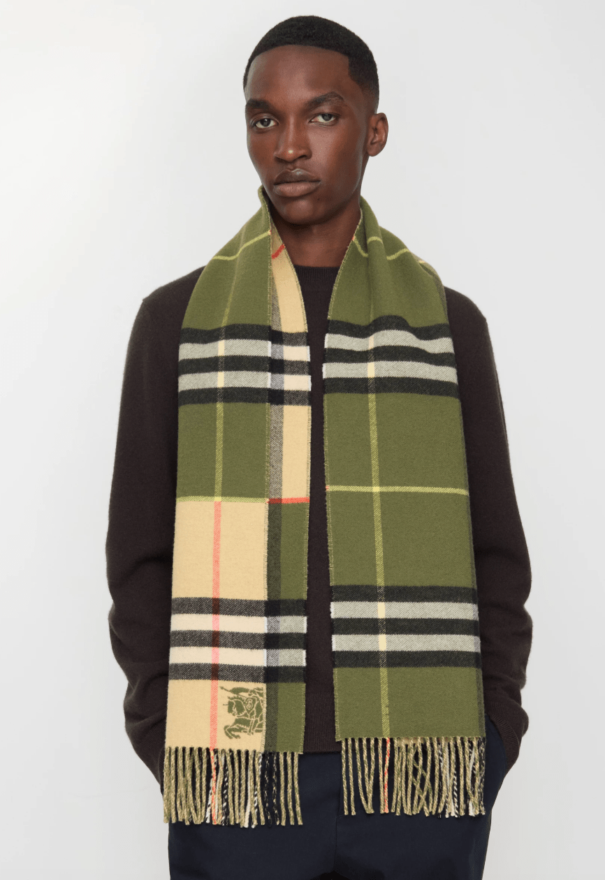 Contrast checked cashmere scarf Green/Sand