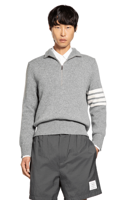 Thom Browne Merino Wool 4-Bar Funnel Neck Pullover Light Grey