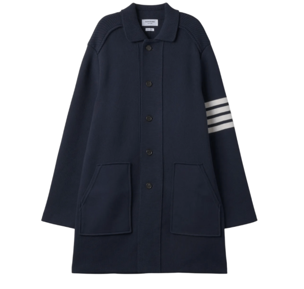 Thom Browne Cotton Cashmere Interlock 4-Bar Polo Collar Overcoat Navy