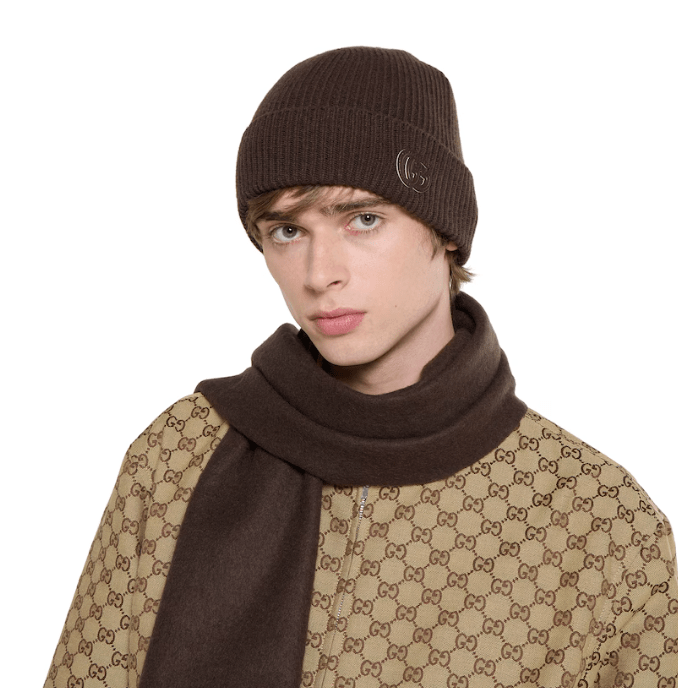 Cashmere hat with patch in dark brown