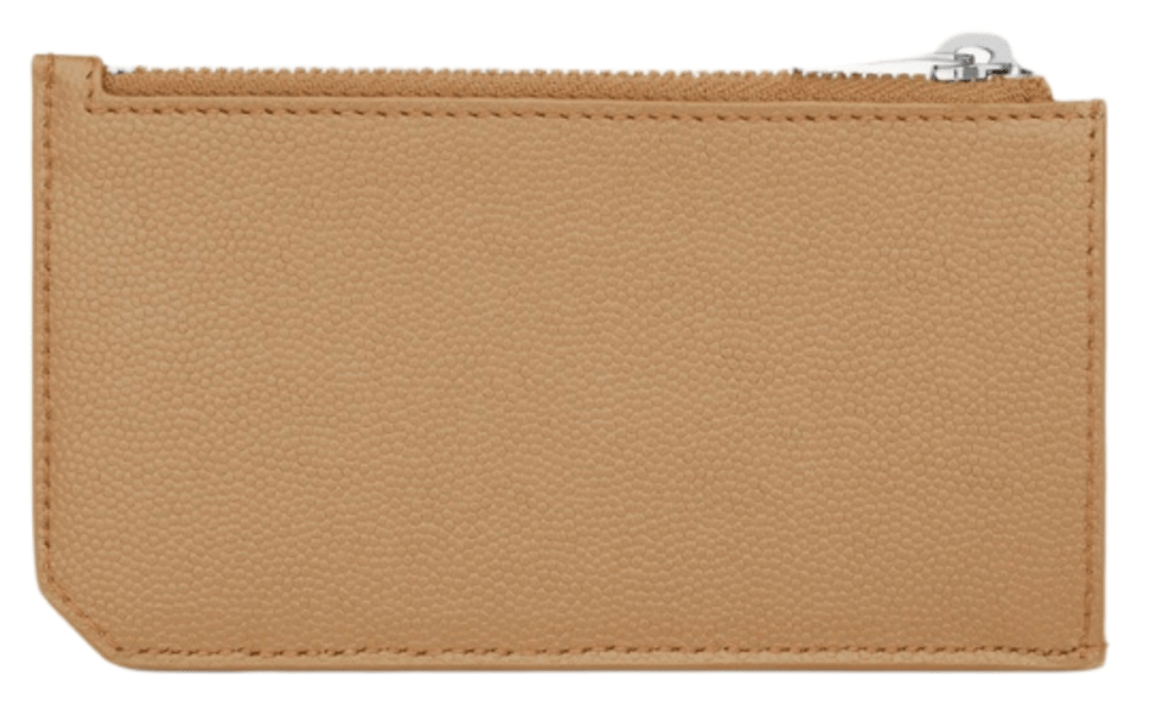 Saint Laurent Paris Fragment Zipped Credit Card Case in Grain de Poudre Embossed Leather Teak Wood