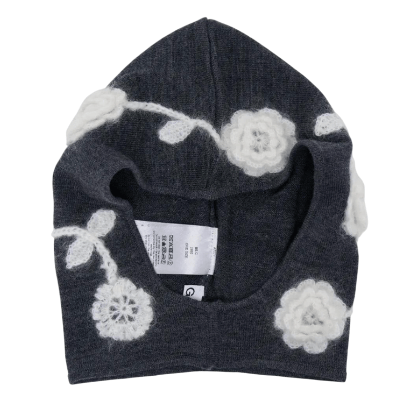 Ganni Crochet-Flowers Balaclava in Gray