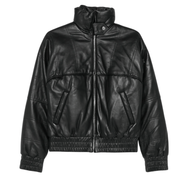 Black leather puffer jacket with asymmetric flap