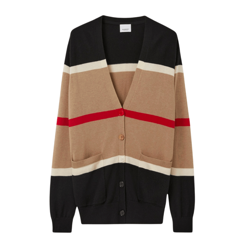 (W) Burberry Striped Cashmere Silk Cardigan Camel