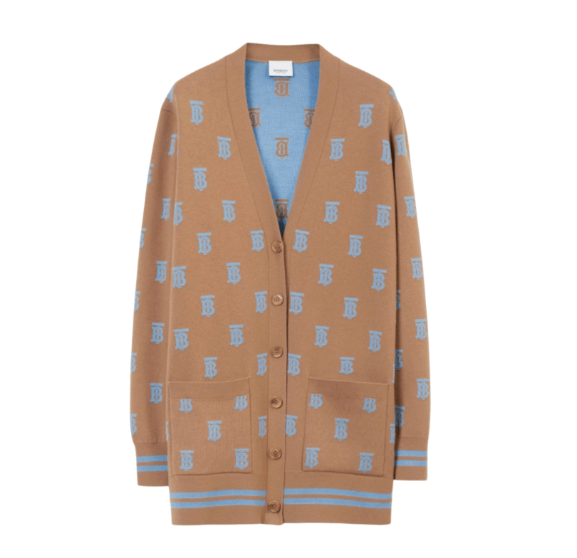 (W) Burberry Monogram Wool Silk Blend Oversized Cardigan Camel