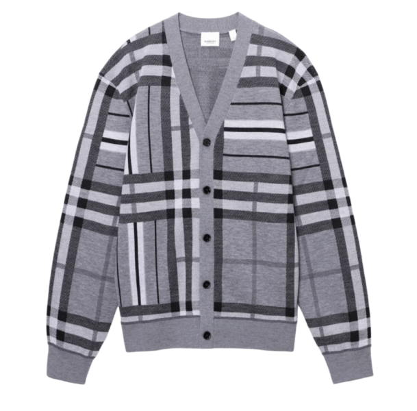 Burberry Check and Stripe Wool Jacquard Cardigan Grey