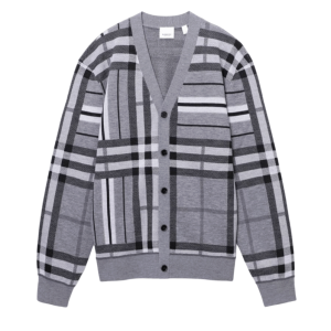 Burberry Check and Stripe Wool Jacquard Cardigan Grey