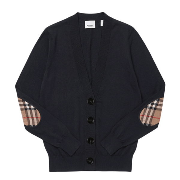 (W) Burberry Dornoch Vintage Check Elbow Patch Wool Cardigan Black