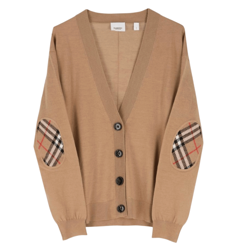 (W) Burberry Dornoch Vintage Check Elbow Patch Wool Cardigan Brown