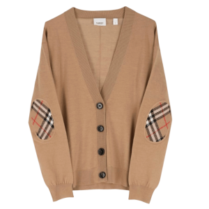 (W) Burberry Dornoch Vintage Check Elbow Patch Wool Cardigan Brown