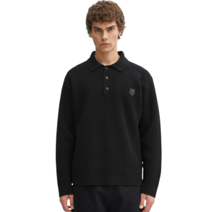 Maison Kitsune Fox Head Wool Ribbed Polo Jumper Black