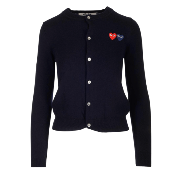 COMME DES GARCONS PLAY Double Heart Emblem Round Neck Cardigan - NAVY