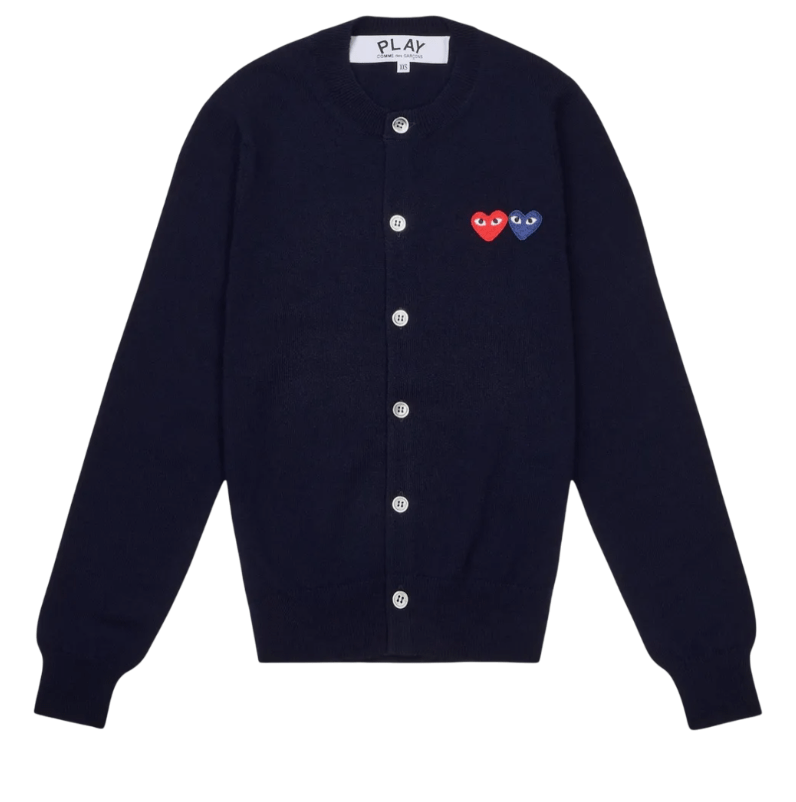 COMME DES GARCONS PLAY Double Heart Emblem Round Neck Cardigan - NAVY