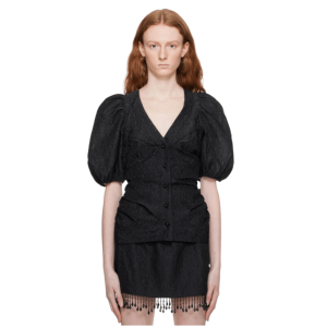 Ganni jacquard with puff sleeves blouse - Black