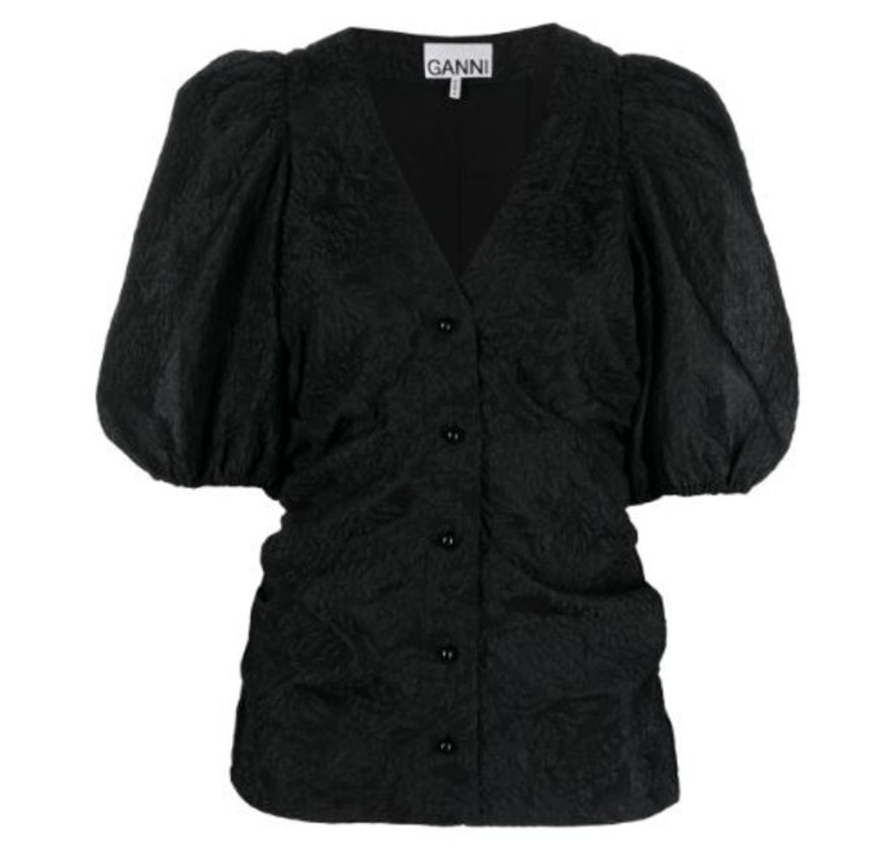 Ganni jacquard with puff sleeves blouse - Black