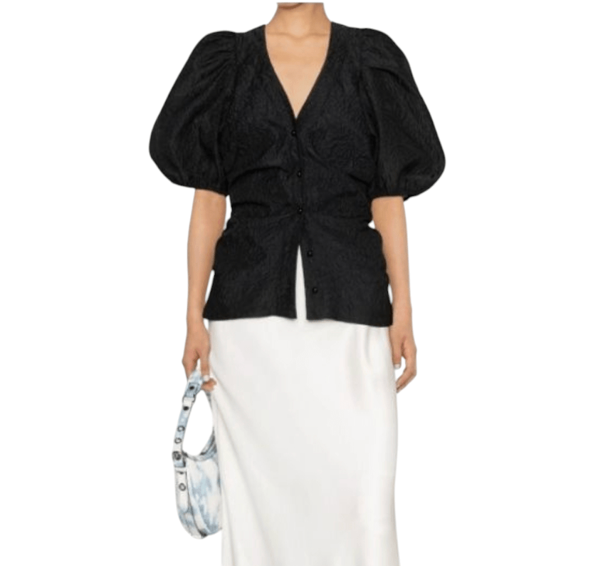 Ganni jacquard with puff sleeves blouse - Black