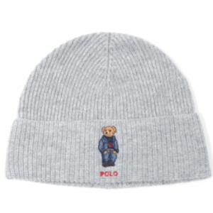 Polo Bear Ribbed Knit Beanie Grey