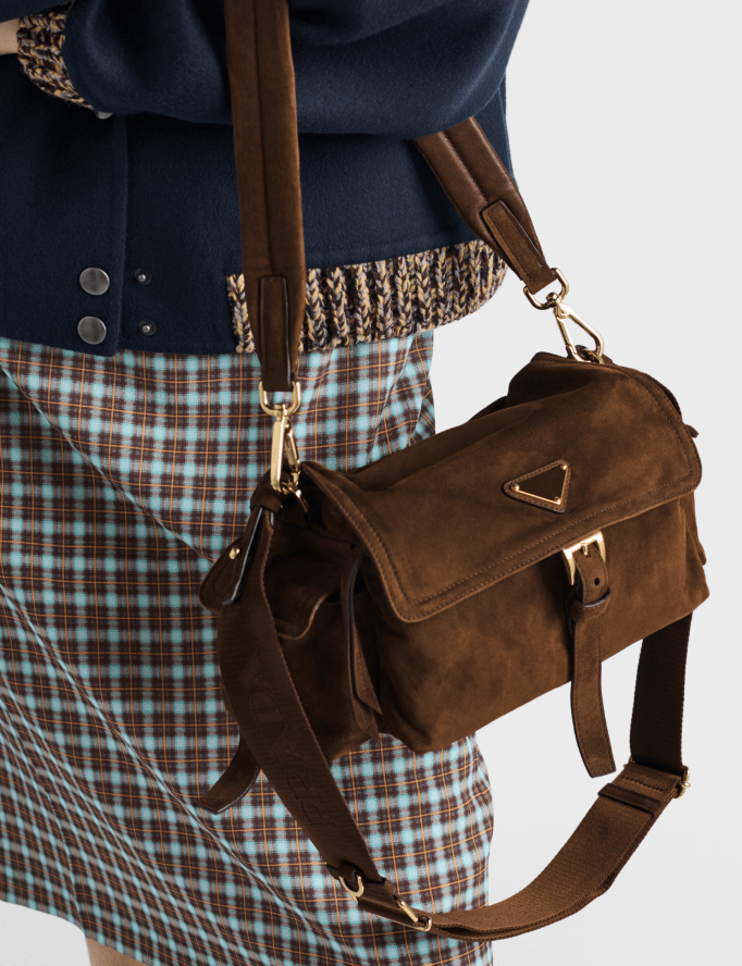 Prada Explore medium suede shoulder bag with flap