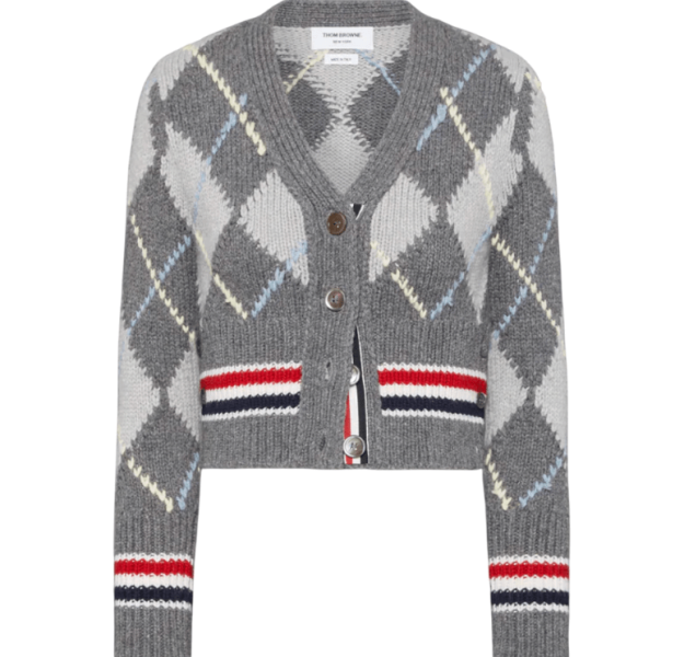 Argyle Intarsia Merino Wool Shrunken Cardigan