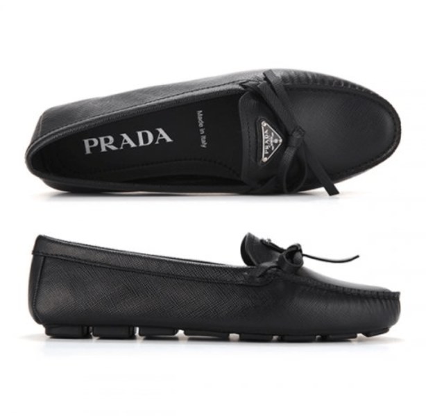 (W) Prada Saffiano Leather Driving Loafers Black