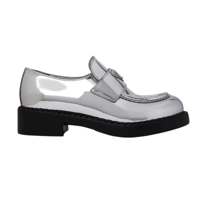 (W) Prada Triangle Logo Loafers Silver