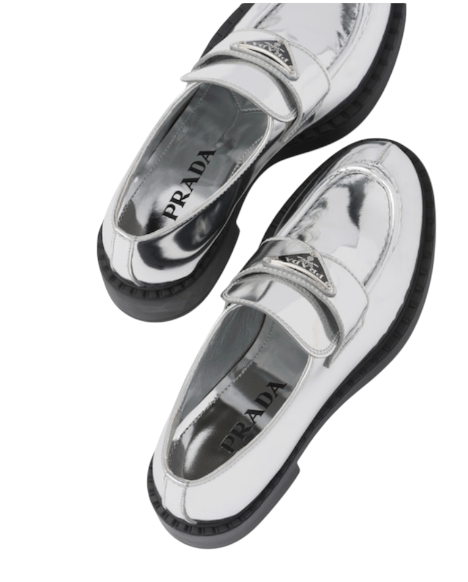 (W) Prada Triangle Logo Loafers Silver