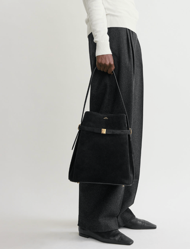 Belted Suede Bucket Bag