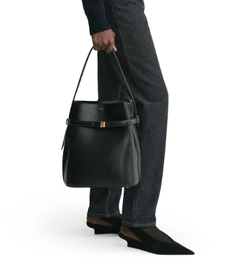 Belted leather bucket bag