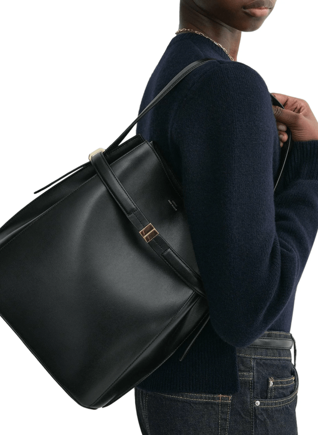 Belted leather bucket bag