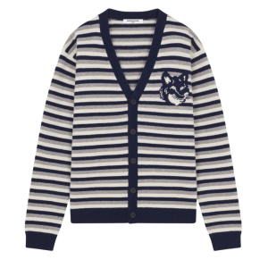 Maison Kitsune Fox Head Intarsia Striped Comfort Cardigan Navy White