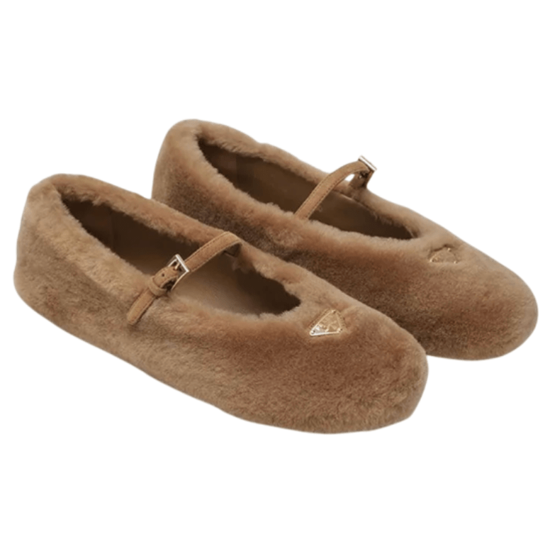 Triangle Logo Shearling Ballet Flats
