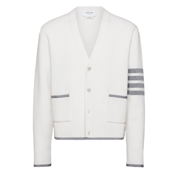 Thom Browne Milano Stitch Merino Wool 4-Bar V-Neck Cardigan White