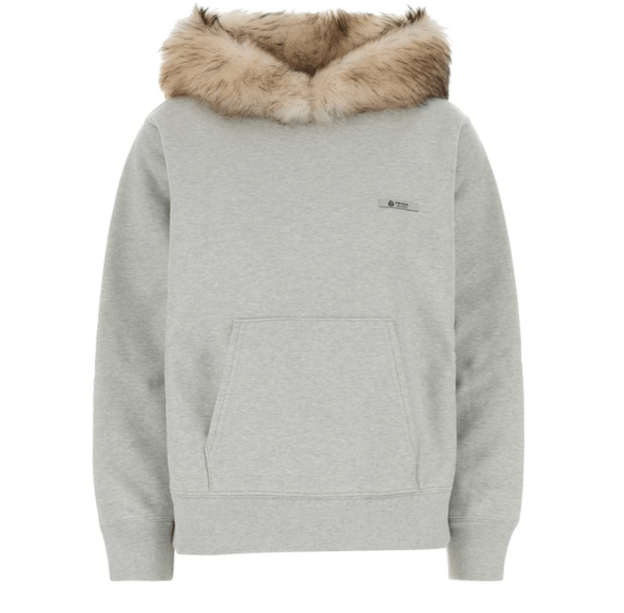 Prada light grey cotton hooded sweatshirt with faux fur trim