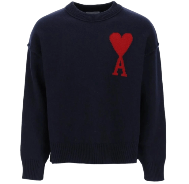AMI De Coeur Felted Merino Wool Sweater Night Blue Red