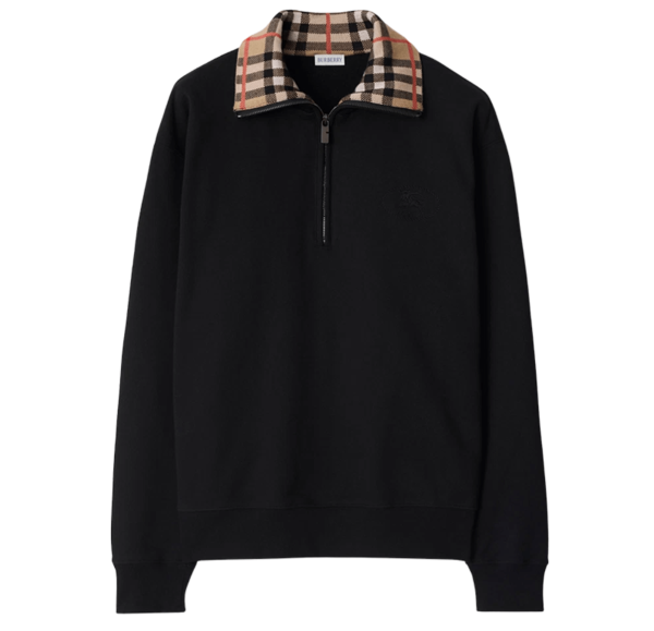 Burberry Check Collar Cotton Half Zip Sweatshirt Black