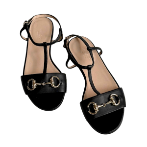 Gucci Shoes Horsebit Black Leather Ankle Tie T Strap Flat