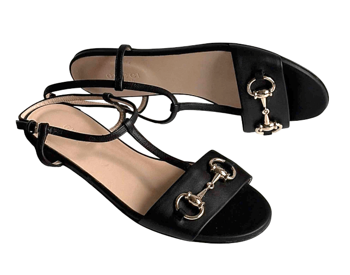 Gucci Shoes Horsebit Black Leather Ankle Tie T Strap Flat