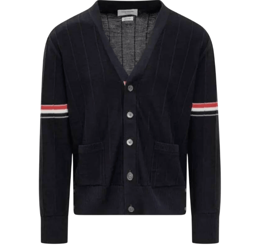 Thom Browne Wool Relaxed V-Neck Armband Cardigan Navy