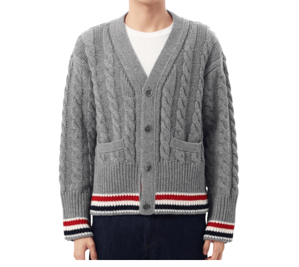26SS Merino Baby Cable Stitch RWB Stripe Cardigan - grey