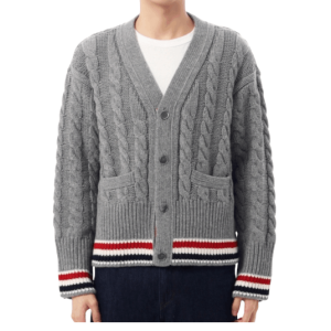 26SS Merino Baby Cable Stitch RWB Stripe Cardigan - grey