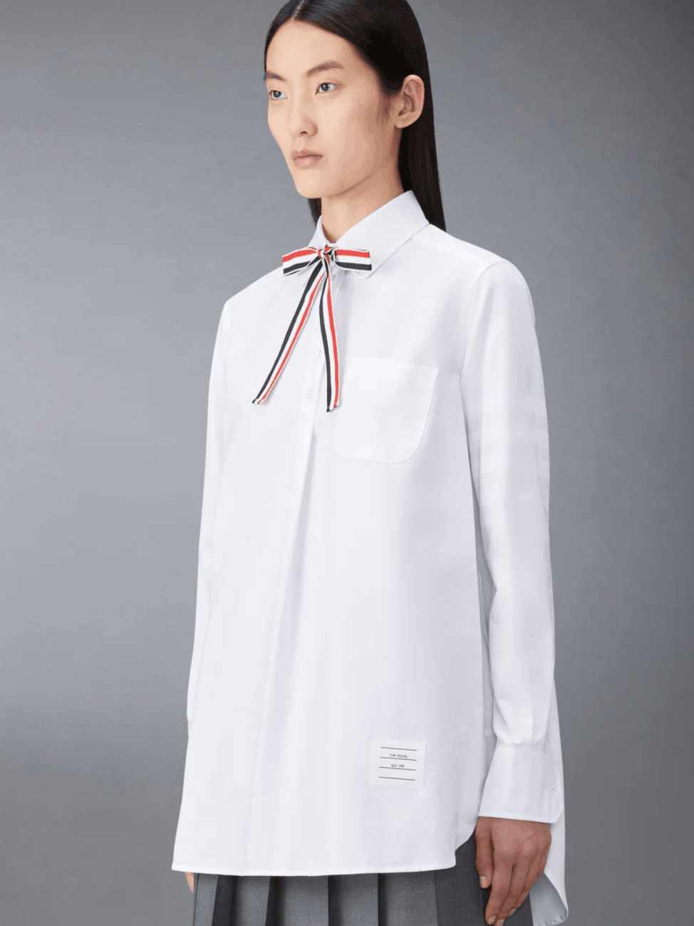 Cotton Oxford 4-Bar Bow-Tie Blouse 