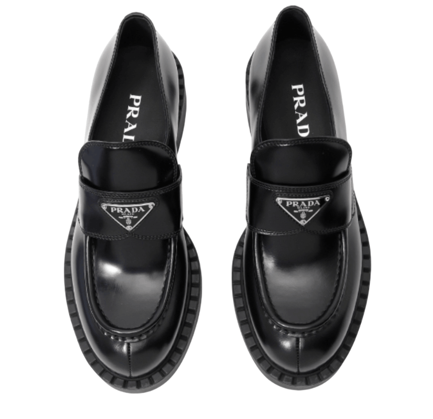 (W) Prada Chocolate Brushed Leather Loafers Black